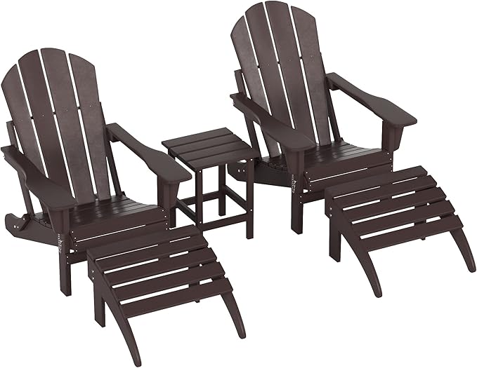 WestinTrends Malibu Outdoor Lounge Chairs Set, 5-Pieces Adirondack Chair Set of 2 with Ottoman and Side Table, All Weather Poly Lumber Patio Lawn Folding Chair for Outside, Dark Brown