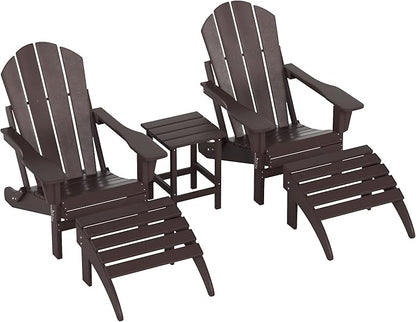 WestinTrends Malibu Outdoor Lounge Chairs Set, 5-Pieces Adirondack Chair Set of 2 with Ottoman and Side Table, All Weather Poly Lumber Patio Lawn Folding Chair for Outside, Dark Brown