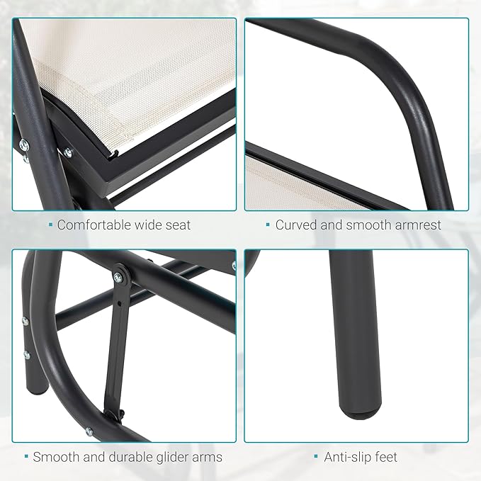 Outsunny Porch Glider, Metal Frame Swing Glider Chair with Breathable Mesh Fabric, Curved Armrests and Steel Frame for Garden, Poolside, Backyard, Balcony, Cream White