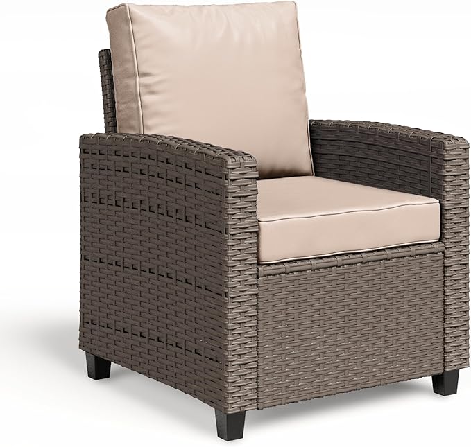 2 Pieces Patio Furniture Set, Outdoor Wicker Chairs Set of 2, All Weather High Back Rattan Chairs, Seating Club Chair Porch Chairs Set with Cushions for Balcony Porch Deck, Beige