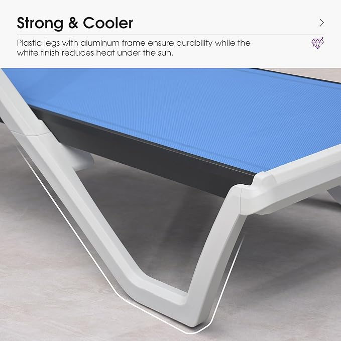 PURPLE LEAF Patio Chaise Lounge Set of 2 Plastic Pool Outdoor Lounge Chair with Armrest Stackable Poolside Tanning Chairs for Beach Deck Yard Sunbathing, Royal Blue