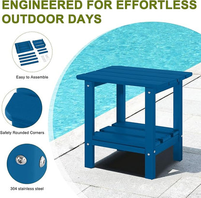 Set 2 Adirondack Outdoor Side Table, 2-Tier Small Patio End Table, Weather Resistant HDPE Outdoor End Tables for Garden, Lawn, Pool, Beach, Porch, Deck, Backyard - Square, Dark Blue