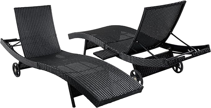LUMISOL Patio Wicker Chaise Lounge Chairs Set of 2, 80'' Outdoor Rattan Reclining Lounge Chair with Rolling Wheels & Pull-Out Side Table, Adjustable Backrest, for Poolside Deck Pool, Black