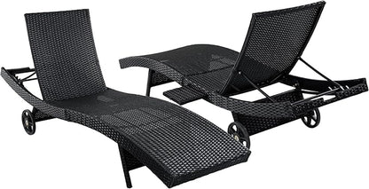 LUMISOL Patio Wicker Chaise Lounge Chairs Set of 2, 80'' Outdoor Rattan Reclining Lounge Chair with Rolling Wheels & Pull-Out Side Table, Adjustable Backrest, for Poolside Deck Pool, Black