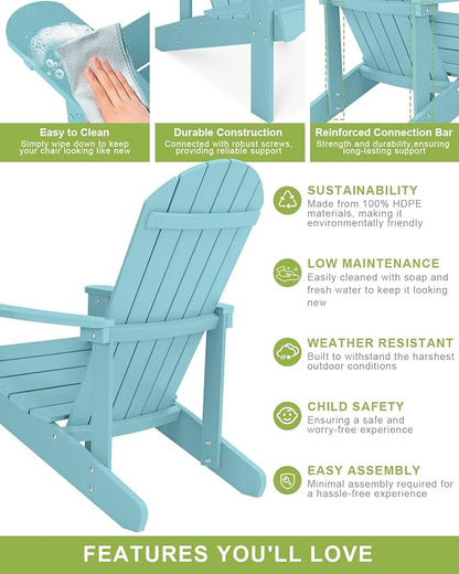 Y&M Adirondack Chair Set of 2, Light Blue Fire Pit Chairs, Outdoor Patio Chairs with Cup Holder, Weather Resistant HDPE Wooden Textured Patio Chairs, Perfect for Garden, Lawn, Deck, or Poolside