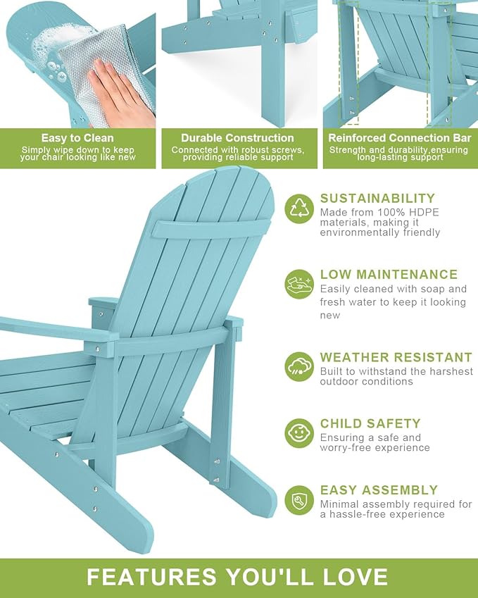 Y&M Adirondack Chair, Light Blue Fire Pit Chairs, Outdoor Patio Chairs with Cup Holder, Weather Resistant HDPE Wooden Textured Patio Chairs, Perfect for Garden, Lawn, Deck, or Poolside