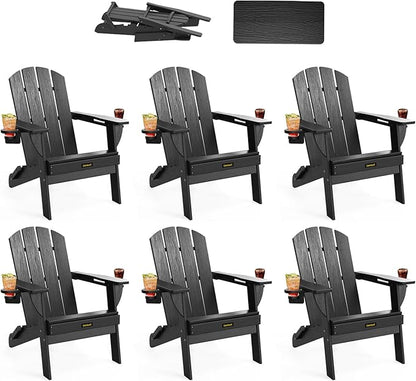 Folding Adirondack Chair Set of 6, Wooden Textured Plastic Adirondack Chairs with 2 Cup Holder, Weather Resistant HDPE Fire Pit Chair, Outdoor Patio Chairs for Garden, Backyard, Lawn, Deck, Black