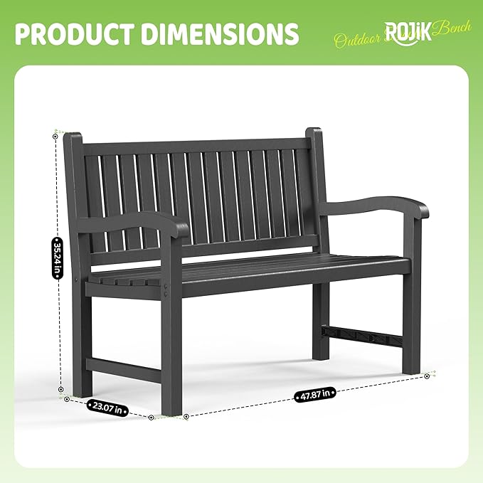 ROJIK Outdoor Bench Resin Patio Chairs Waterproof 2-Person Slatted Chairs with Sturdy Frame - Photo 3