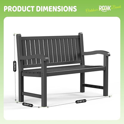 ROJIK Outdoor Bench Resin Patio Chairs Waterproof 2-Person Slatted Chairs with Sturdy Frame, Comfortable Seating for Garden Backyard Porch and Park(Black)