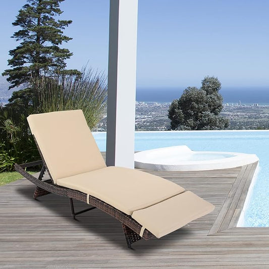VINGLI Adjustable Patio Wicker Chaise Lounge Outdoor, Rattan Outdoor Lounge Chair, All Weather Patio Chaise Lounge with Adjustable Backrest and Soft Cushions (Brown)