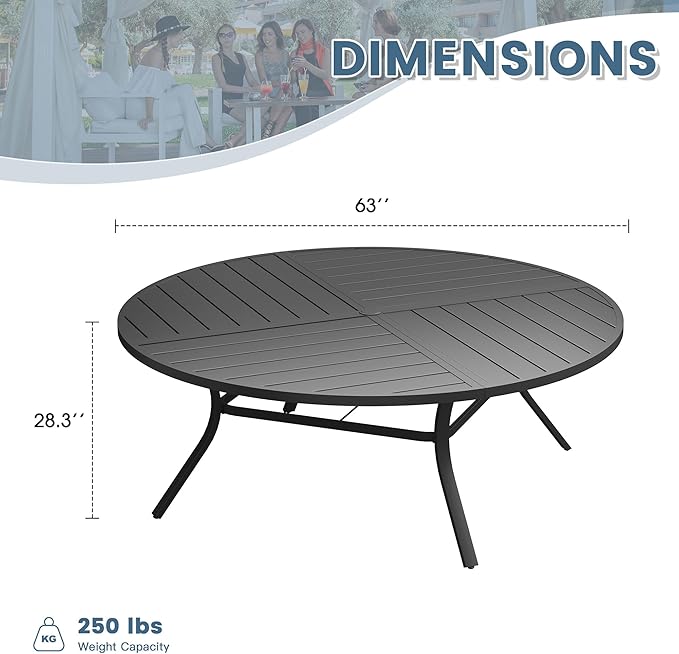 DIFY 63" Round Outdoor Patio Dining Table for 8-10, All-Weather Metal Steel Slatted Patio Table with 1.57" Adjustable Umbrella Hole for Garden, Backyard, Deck, Black