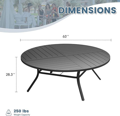 DIFY 63" Round Outdoor Patio Dining Table for 8-10, All-Weather Metal Steel Slatted Patio Table with 1.57" Adjustable Umbrella Hole for Garden, Backyard, Deck, Black
