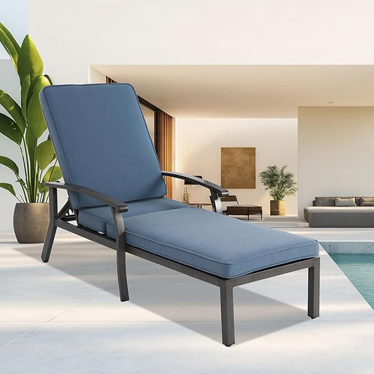 Chaise Lounge Chair Outdoor with Wheels, Cast Aluminum Tanning Chair with Navy/Blue Cushion, for Outside Beach Patio Pool Lawn with Adjustable 5 Position Recliner, 1 Pack