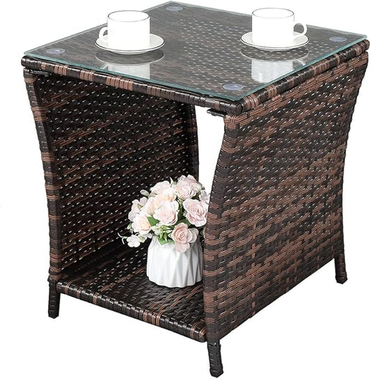Bonnlo Small Garden Table, Rattan Patio Table with Glass Top & Shelf Under, Weatherproof for Indoor Outdoor, 46x46x50cm Brown