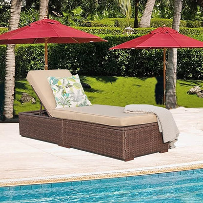 Patiorama Outdoor Patio Chaise Lounge Chair, Elegant Reclining Adjustable Pool Rattan Chaise Lounge Chair with Beige Cushion, Brown PE Wicker, Steel Frame
