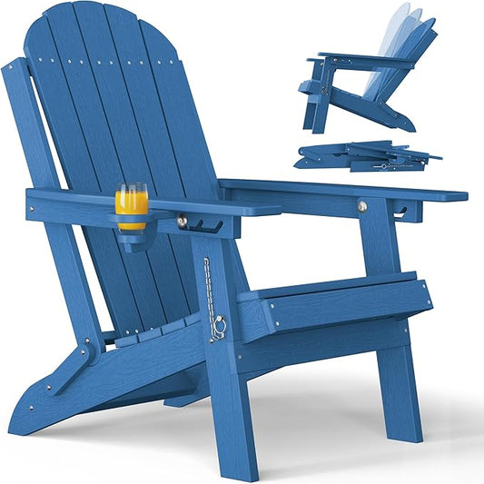YEFU Folding Adirondack Chair for Outdoor: Plastic Foldable Fire Pit Chair with Cup Holder & Adjustable Backrest - Sturdy All-Weather HDPE for Outside Patio Poolside - Easy Assembly