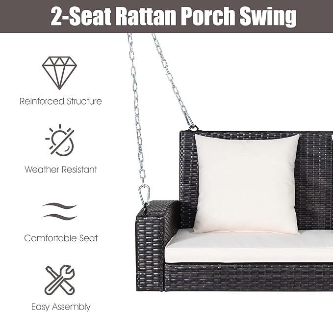 Tangkula 2-Person Wicker Porch Swing, Patiojoy Outdoor Rattan Hanging Swing Bench W/ 2 Back Cushions & 1 Seat Cushion - Photo 6