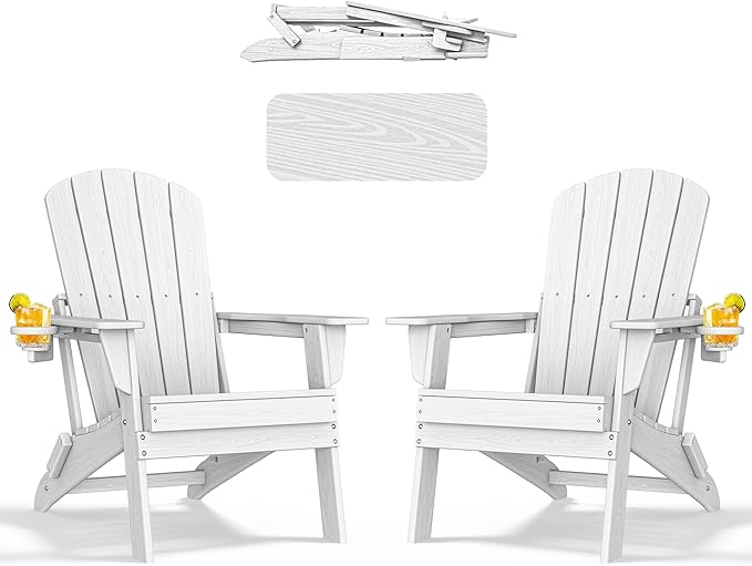 nevilywood HDPE Foldable Fire Pit Chairs Set of 2 with Cup Holders,Wood Grain Durable Design,Perfect for Patio,Backyard & Outdoor Gatherings, White