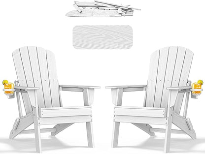 nevilywood HDPE Foldable Fire Pit Chairs Set of 2 with Cup Holders,Wood Grain Durable Design,Perfect for Patio,Backyard & Outdoor Gatherings, White