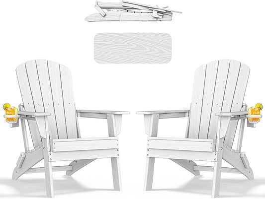 nevilywood HDPE Foldable Fire Pit Chairs Set of 2 with Cup Holders,Wood Grain Durable Design,Perfect for Patio,Backyard & Outdoor Gatherings, White