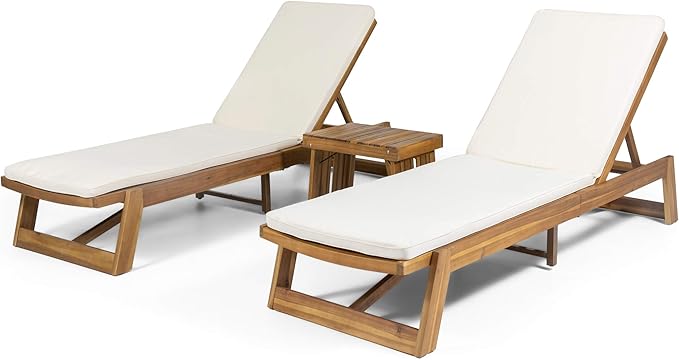 Christopher Knight Home Eugene Outdoor Acacia Wood 3 Piece Chaise Lounge Set, Teak Finish, Yellow, Cream - Photo 1