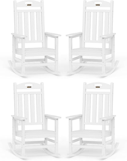 Oversized Rocking Chairs Outdoor Set of 4, High Back Porch Rocking Chair, HDPE All Weather Resistant Patio Chairs, 380lbs Weight Capacity, White