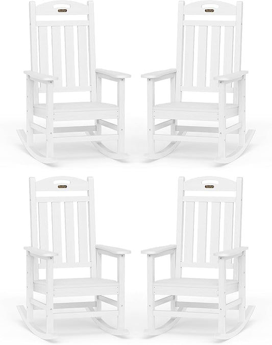 Oversized Rocking Chairs Outdoor Set of 4, High Back Porch Rocking Chair, HDPE All Weather Resistant Patio Chairs, 380lbs Weight Capacity, White