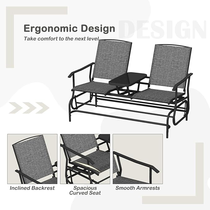 Tangkula 2 Person Swing Glider Chair, Patio Rocking Loveseat w/Center Tempered Glass Table - Photo 6