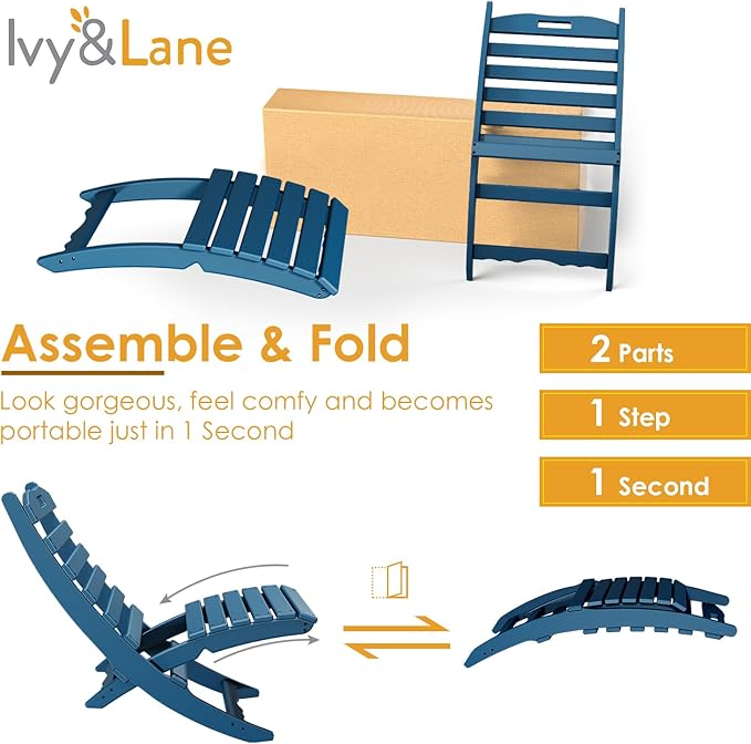 IVY&LANE Portable Xavier-Chairs Set of 2 | Folding-Adirondack-Chair | Wave | HDPE Plastic | Blue | All-Weather Resistant | for Outdoor Fire-Pit Patio Lawn Beach Poolside