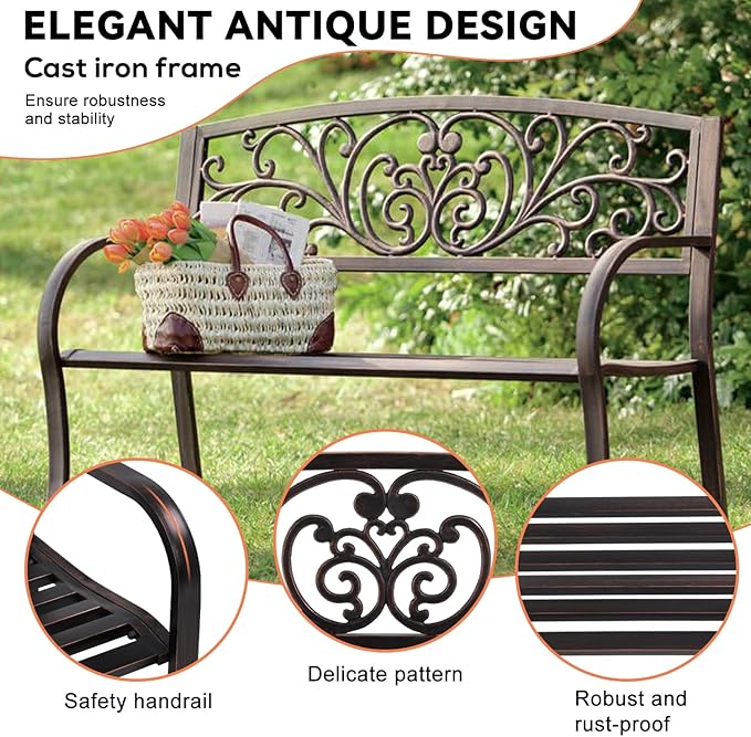 Outdoor Bench, Rust-Proof Cast Iron Park Bench, Hold 485 lbs Heavy-Duty Metal, 50" x 21" x 35", Bronze