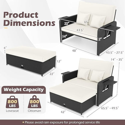 COSTWAY Patio Rattan Daybed with Cushions, Outdoor Wicker Loveseat Sofa with Storage Ottoman, 4-Level Adjustable Backrest, Bed Lounger for Yard, Balcony, Porch, Garden, Pool (Black+White)