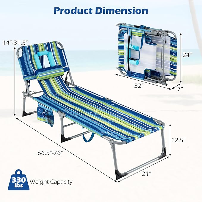 GYMAX Tanning Chair with Face Hole, Sun Bathing Lounge Chairs for Outside with Side Pocket, Folding Portable Face Down Layout Tanning Chair Beach, Backyard, Poolside, Lawn (Blue Stripe,2)