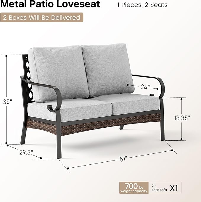 Metal Patio Furniture Loveseat with 5.75" Extra Thick Waterproof Cushion - Photo 2