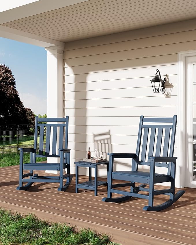 GarveeHome Adirondack Outdoor Rocking Chair, All Weather HDPE Plastic Patio Rocker Chair with Wide Armrests, Classic Fire Pit Chair for Porch, Deck, Lawn, Garde, 380LBs, Easy to Install, Navy Blue