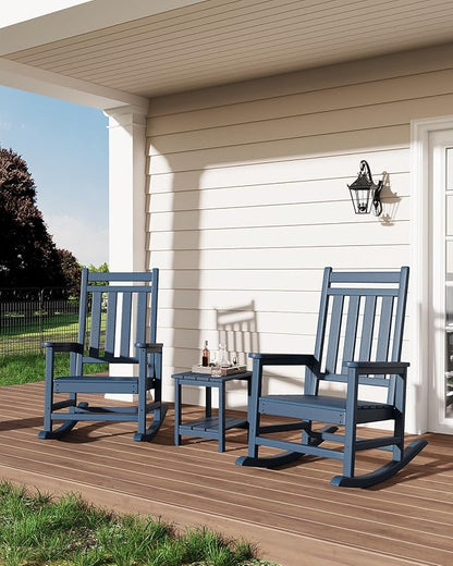 GarveeHome Adirondack Outdoor Rocking Chair, All Weather HDPE Plastic Patio Rocker Chair with Wide Armrests, Classic Fire Pit Chair for Porch, Deck, Lawn, Garde, 380LBs, Easy to Install, Navy Blue