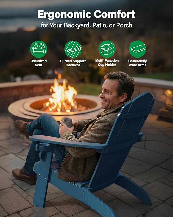 Oversized Plastic Adirondack Chair Set of 2 with Cup-Holder (Large Dual-Purpose), Weather Resistant, Poly Lumber Outdoor Chairs Duty Rating Widely Used in Patio, Lawn, Outside, Deck, Garden -Navy blue