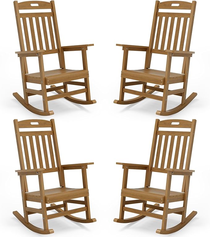 YEFU Porch Rocking Chairs Set of 4: Porch Rocking Chair, 80% Pre-Assembled Rocker, Rock smoothly for Middle-Aged and Elderly People, Imitation Teak