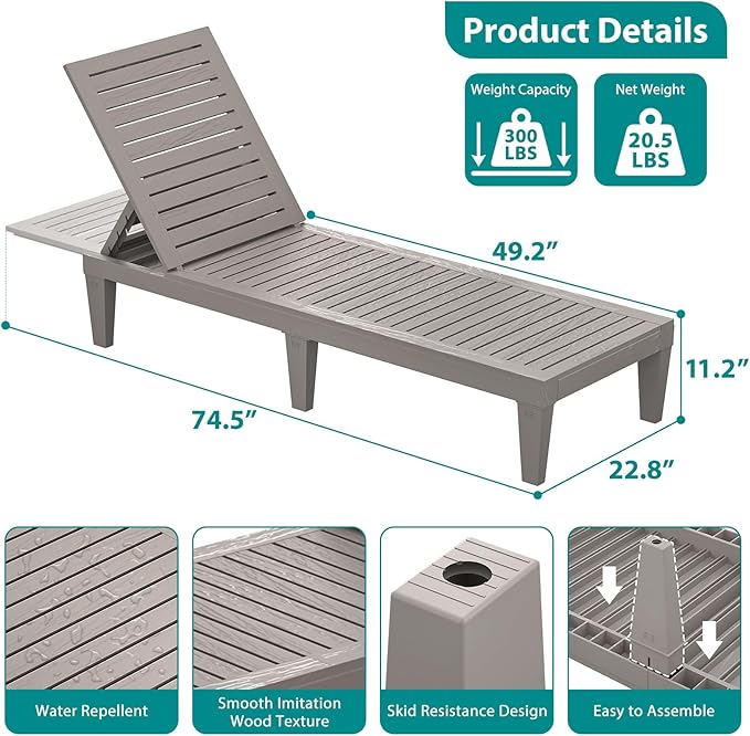 Chaise Lounge Chair Outdoor Set of 3 for Patio, Weather-Resistant Tanning Chair Recliner with Adjustable Backrest, Sun Lounger for Outside Deck, Pool, Poolside, Porch, Beach, Light Brown