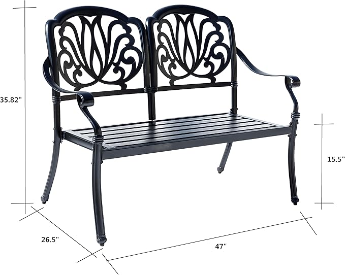 Hi-Line Gift Ltd. Midnight Oasis- Black Cast Aluminium Garden Bench with Easy Assembly