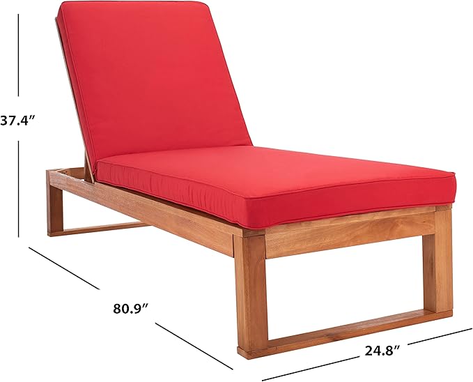 SAFAVIEH Outdoor Collection Solano Natural Brown Solid Wood/Red Cushion Patio Adjustable Chaise Lounge Chair (PAT7024R)