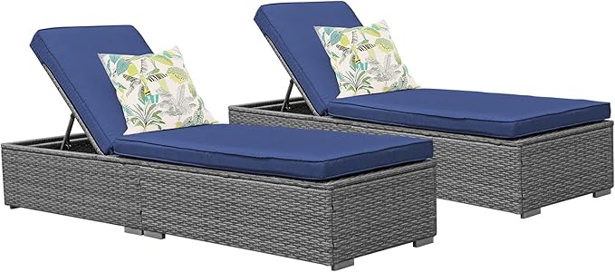 Patiorama Outdoor Patio Chaise Lounge Chair, Elegant Reclining Adjustable Pool Rattan Chaise Lounge Chair with Cushion, Grey PE Wicker, Steel Frame, Blue, Set of 2