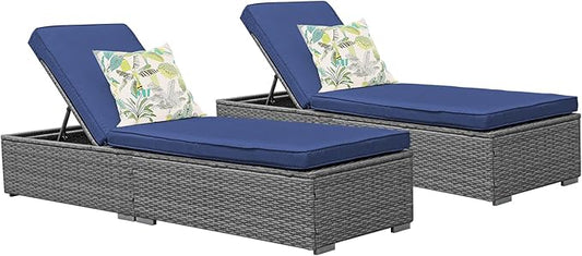 Patiorama Outdoor Patio Chaise Lounge Chair, Elegant Reclining Adjustable Pool Rattan Chaise Lounge Chair with Cushion, Grey PE Wicker, Steel Frame, Blue, Set of 2