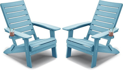 YEFU Adirondack Chair, Folding Adirondack Chairs Set of 2 with Arc Back & Cup Holder, Weather Resistant Plastic Oversized Chair for Outdoor Patio Lawn Garden Backyard Deck Fire Pit, Blue