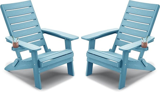 YEFU Adirondack Chair, Folding Adirondack Chairs Set of 2 with Arc Back & Cup Holder, Weather Resistant Plastic Oversized Chair for Outdoor Patio Lawn Garden Backyard Deck Fire Pit, Blue
