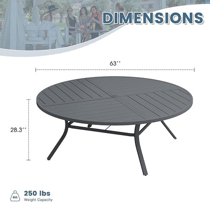 DIFY 63" Round Outdoor Patio Dining Table for 8-10, All-Weather Metal Steel Slatted Patio Table with 1.57" Adjustable Umbrella Hole for Garden, Backyard, Deck, Grey