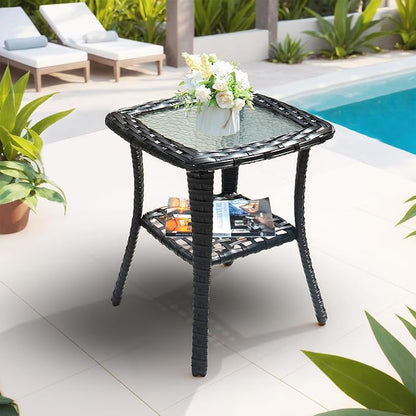 ovios Outdoor Side Table with Tempered Glass Top, Patio Wicker Rattan 2-Tier Storage Coffee End Tables for Porch Deck Balcony Garden Poolside (Brown-Small Size)