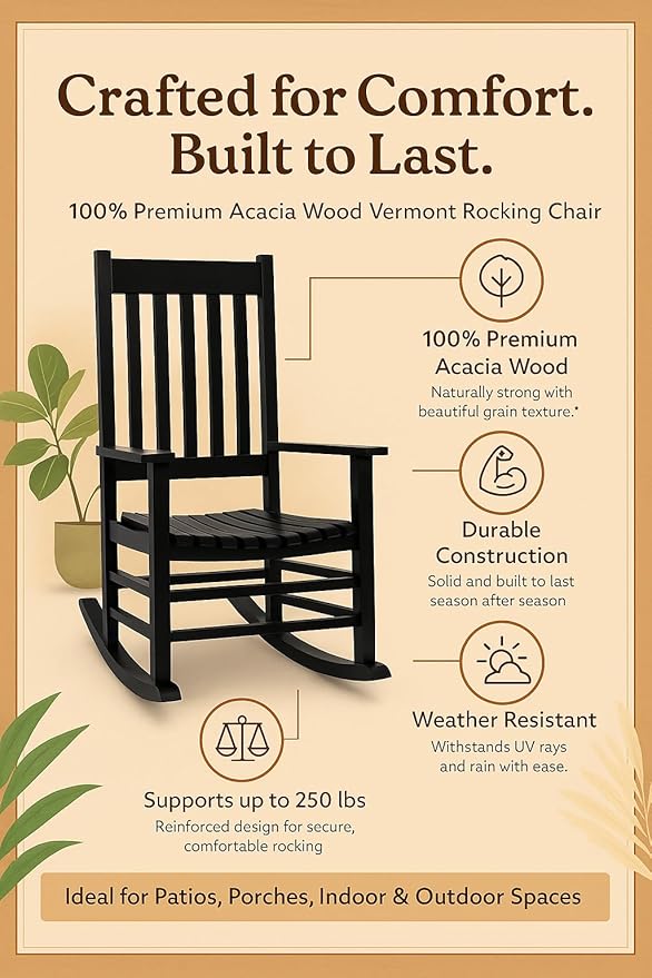 Shine Company Vermont Porch Rocker, High Back Acacia Wood Rocking Chair, Black