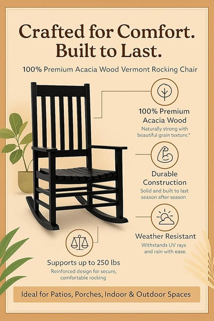 Shine Company Vermont Porch Rocker, High Back Acacia Wood Rocking Chair, Black