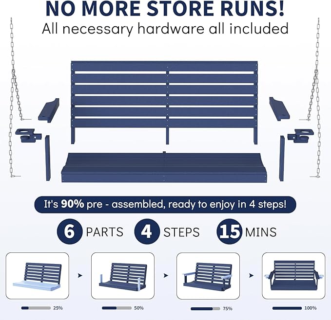 Plawdlik Porch Swings,2 Seat Patio Chair with Two Cup Holders,HDPE Waterproof Bench for Courtyard-Navy Blue - Photo 8