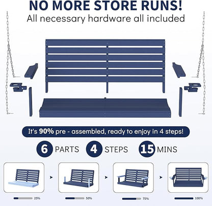Plawdlik Porch Swings,2 Seat Patio Chair with Two Cup Holders,HDPE Waterproof Bench for Courtyard-Navy Blue